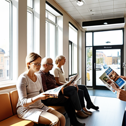 Home 21 **Prompt:** A modern eye clinic waiting room in Sweden, with a diverse group of people reading brochures about different vision insurance plans. Sunlight streams through the windows.