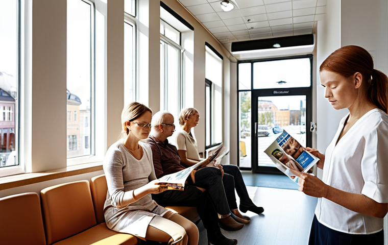 **Prompt:** A modern eye clinic waiting room in Sweden, with a diverse group of people reading brochures about different vision insurance plans. Sunlight streams through the windows.