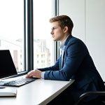 A professional, fully clothed young adult in modest business casual attire, working at a clean, modern desk with a laptop and an external monitor. The office environment is well-lit with natural light from a window, and the subject is in a natural pose, looking thoughtfully at the screen. The scene conveys focused work and the modern digital landscape.
    *   **Mandatory Inclusions:** safe for work, appropriate content, fully clothed, professional dress, perfect anatomy, correct proportions, natural pose, well-formed hands, proper finger count, natural body proportions, high quality.
