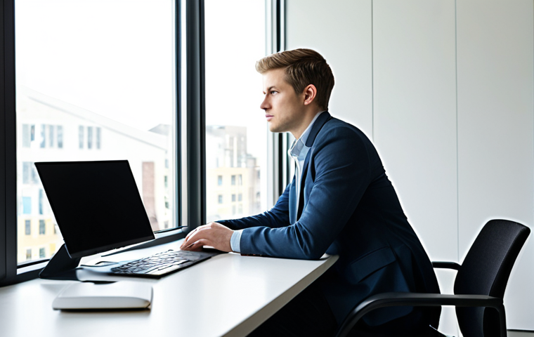 A professional, fully clothed young adult in modest business casual attire, working at a clean, modern desk with a laptop and an external monitor. The office environment is well-lit with natural light from a window, and the subject is in a natural pose, looking thoughtfully at the screen. The scene conveys focused work and the modern digital landscape.
* **Mandatory Inclusions:** safe for work, appropriate content, fully clothed, professional dress, perfect anatomy, correct proportions, natural pose, well-formed hands, proper finger count, natural body proportions, high quality.