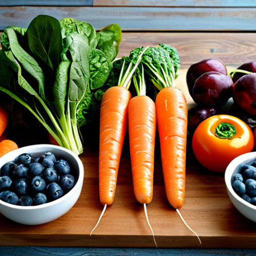 Home 19 Balanced Diet for Eye Health**
"A vibrant still life featuring colorful fruits and vegetables: carrots, spinach, blueberries, and salmon. Arranged on a wooden table with soft, natural lighting. The scene evokes health and wellness. Safe for work, appropriate content, fully clothed (the food!), professional, modest, family-friendly, perfect composition, detailed textures, high resolution, good lighting, showcasing healthy foods for vision."
**
