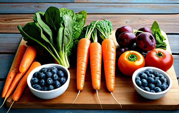 Balanced Diet for Eye Health**
"A vibrant still life featuring colorful fruits and vegetables: carrots, spinach, blueberries, and salmon. Arranged on a wooden table with soft, natural lighting. The scene evokes health and wellness. Safe for work, appropriate content, fully clothed (the food!), professional, modest, family-friendly, perfect composition, detailed textures, high resolution, good lighting, showcasing healthy foods for vision."
**